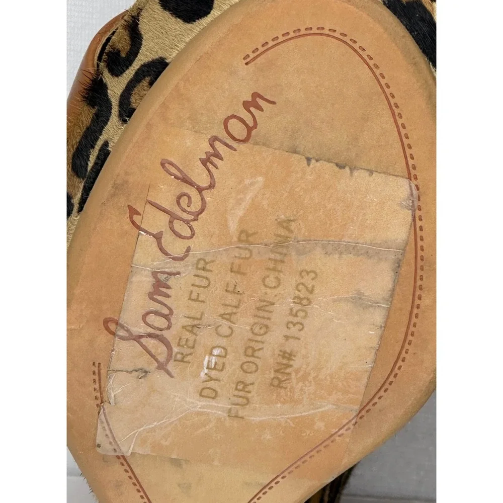 Sam Edelman Kylie Tan Leather Leopard Hair Wedge Peep Toe Mules Mob Wife8.5